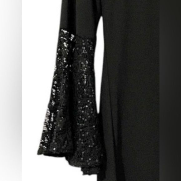 Black Cocktail Party Dress with Sheer Sequins Bell Sleeves Size 8 - Picture 3 of 4